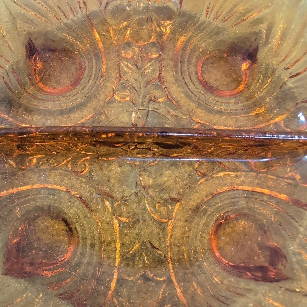 Vintage Amber Glass Divided Relish Dish Peacock Eye Pattern Tab Handle Serving - Picture 4 of 8